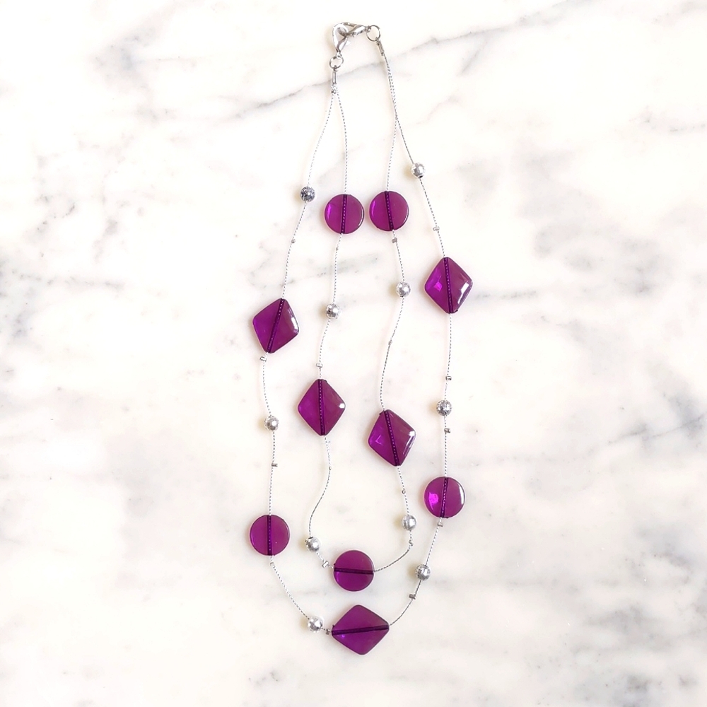 NWOT. Two Strands of Circle/Diamond Shape Purple w/Silver Beads Design Necklace.